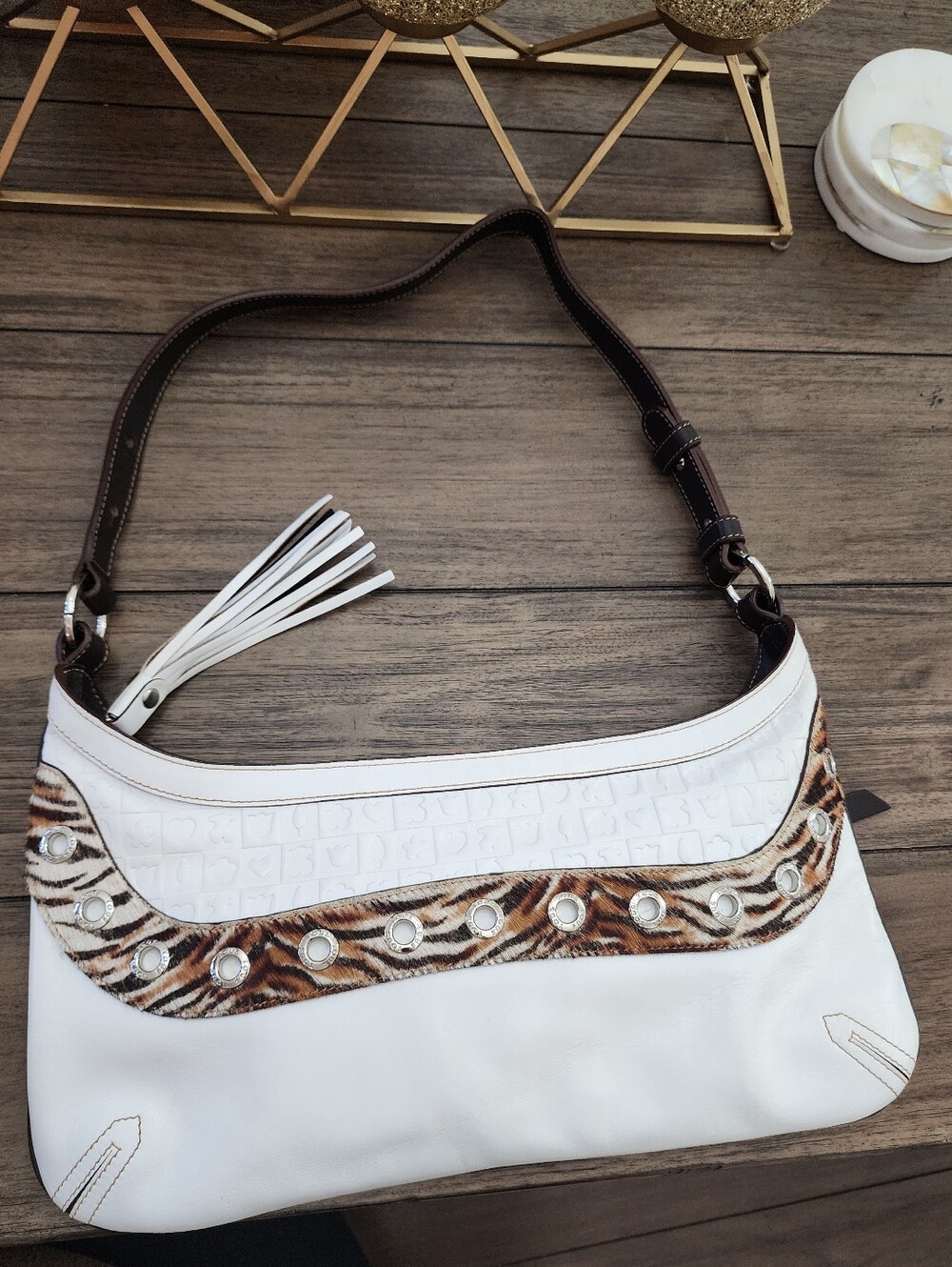 TOUS White/Brown Shoulder Bag with Brown Trim and Animal Hair Accent